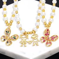 Fashion Cartoon Character Butterfly Copper Beaded Gold Plated Artificial Pearls Zircon Pendant Necklace 1 Piece main image 1