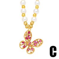 Fashion Cartoon Character Butterfly Copper Beaded Gold Plated Artificial Pearls Zircon Pendant Necklace 1 Piece sku image 3