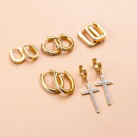 Vintage Style Cross Stainless Steel Gold Plated Zircon Hoop Earrings 1 Pair main image 7