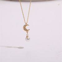 Classic Style Moon Flower Butterfly Copper Gold Plated Artificial Pearls Zircon Pendant Necklace 1 Piece main image 4