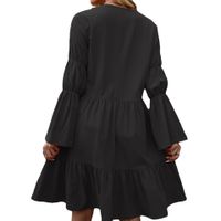 Fashion Solid Color V Neck Long Sleeve Ruffles Cotton Dresses Above Knee A-line Skirt main image 2