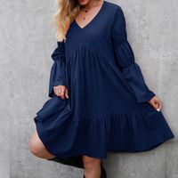 Fashion Solid Color V Neck Long Sleeve Ruffles Cotton Dresses Above Knee A-line Skirt main image 4