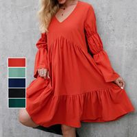 Fashion Solid Color V Neck Long Sleeve Ruffles Cotton Dresses Above Knee A-line Skirt main image 6
