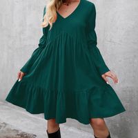 Fashion Solid Color V Neck Long Sleeve Ruffles Cotton Dresses Above Knee A-line Skirt main image 5
