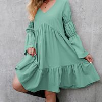 Fashion Solid Color V Neck Long Sleeve Ruffles Cotton Dresses Above Knee A-line Skirt main image 3