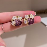 1 Pair Fashion Heart Shape Flower Diamond Alloy Resin Rhinestones Drop Earrings sku image 4