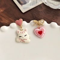Sweet Heart Shape Cat Bow Knot Alloy Enamel Women's Drop Earrings Ear Clips 1 Pair main image 4