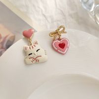 Sweet Heart Shape Cat Bow Knot Alloy Enamel Women's Drop Earrings Ear Clips 1 Pair main image 2