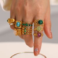 Fashion Geometric Stainless Steel Irregular Artificial Gemstones Gold Plated Rings main image 5