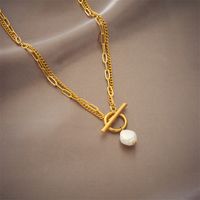 Basic Geometric Titanium Steel Layered Gold Plated Artificial Pearls Pendant Necklace main image 4