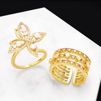 Classic Style Geometric Butterfly Copper Gold Plated Artificial Pearls Zircon Open Ring 1 Piece main image 1
