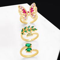 Fashion Leaves Butterfly Copper Gold Plated Zircon Open Ring 1 Piece main image 1