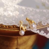 Retro Katze Sterling Silber Inlay Künstliche Perlen Ohrringe 1 Paar main image 4