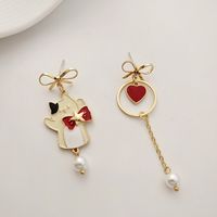 Fashion Heart Shape Cat Bow Knot Alloy Plating Artificial Pearls Women's Drop Earrings 1 Pair main image 1