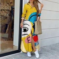 Mujeres Falda Acampanada Estilo Simple Cuello De Camisa Manga Larga Bloque De Color Vestido Maxilargo Casual A Diario main image 5