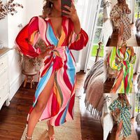 Women's A-line Skirt Fashion V Neck Printing Long Sleeve Color Block Midi Dress main image 6