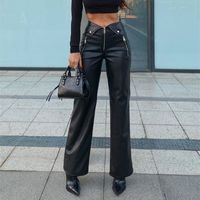 Fashion Solid Color Pu Polyester Full Length Zipper Patchwork Casual Pants main image 1