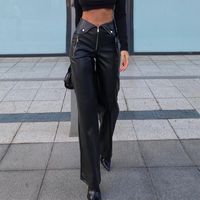 Fashion Solid Color Pu Polyester Full Length Zipper Patchwork Casual Pants main image 3