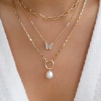 Fashion Butterfly Alloy Inlay Artificial Pearls Rhinestones Women's Clavicle Chain Layered Necklaces 1 Piece sku image 3