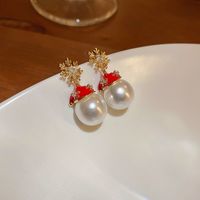 1 Pair Cute Christmas Hat Gold Plated Copper Artificial Pearls Zircon Gold Plated Ear Studs main image 1