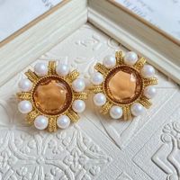 Retro Flower Alloy Plating Artificial Gemstones Artificial Pearls Women's Ear Studs 1 Pair sku image 4