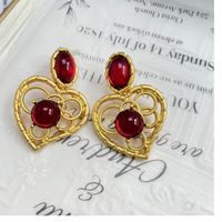 Retro Heart Shape Alloy Plating Hollow Out Inlay Artificial Gemstones Women's Drop Earrings 1 Pair main image 4