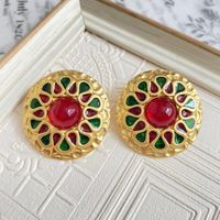 Vintage Style Round Alloy Plating Inlay Artificial Gemstones Women's Ear Studs 1 Pair main image 3