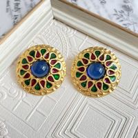 Vintage Style Round Alloy Plating Inlay Artificial Gemstones Women's Ear Studs 1 Pair main image 1
