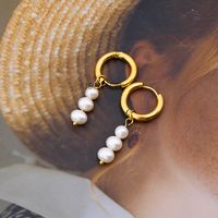 1 Pair Fashion Round Stainless Steel Freshwater Pearl Drop Earrings sku image 1