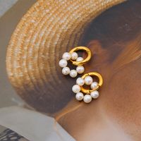 1 Pair Fashion Round Stainless Steel Freshwater Pearl Drop Earrings sku image 2
