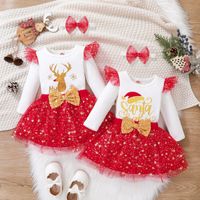 Christmas Fashion Letter Bow Knot Elk Net Yarn Cotton Girls Clothing Sets main image 1