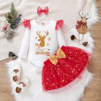 Christmas Fashion Letter Bow Knot Elk Net Yarn Cotton Girls Clothing Sets sku image 6