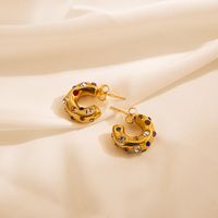 1 Pair Cool Style C Shape Enamel Gold Plated Inlay Stainless Steel Zircon Ear Studs main image 4