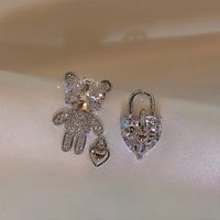 Cute Bear Heart Shape Alloy Asymmetrical Inlay Rhinestones Women's Ear Studs 1 Pair sku image 1