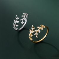 Fashion Leaf Copper Gold Plated Rhinestones Open Ring main image 1