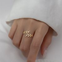 Fashion Leaf Copper Gold Plated Rhinestones Open Ring main image 5