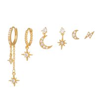 6 Pieces Fashion Star Moon Inlay Copper Artificial Diamond Drop Earrings sku image 1