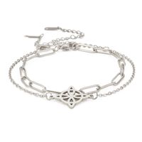 Hot Sale Double-layer Twin Welding With Cross Chain Combination Hollow Four-petal Leaf Small Round Pendant 304 Stainless Steel Bracelet sku image 2