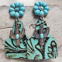 Retro Cactus Flower Pu Leather Alloy Inlay Turquoise Women's Drop Earrings 1 Pair sku image 2