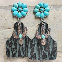 Retro Cactus Flower Pu Leather Alloy Inlay Turquoise Women's Drop Earrings 1 Pair sku image 3