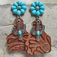 Retro Cactus Flower Pu Leather Alloy Inlay Turquoise Women's Drop Earrings 1 Pair main image 3