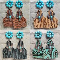Retro Cactus Flower Pu Leather Alloy Inlay Turquoise Women's Drop Earrings 1 Pair main image 6