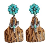 Retro Cactus Flower Pu Leather Alloy Inlay Turquoise Women's Drop Earrings 1 Pair main image 2