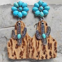 Retro Cactus Flower Pu Leather Alloy Inlay Turquoise Women's Drop Earrings 1 Pair sku image 4