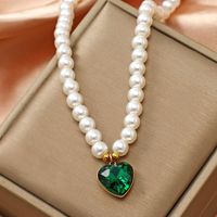 Vintage Style Heart Shape Stainless Steel Arylic Artificial Pearl Beaded Women's Pendant Necklace 1 Piece sku image 4