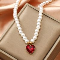 Vintage Style Heart Shape Stainless Steel Arylic Artificial Pearl Beaded Women's Pendant Necklace 1 Piece sku image 5