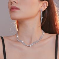 Fashion Water Droplets Tassel Artificial Crystal Metal Inlay Rhinestones Earrings Necklace 1 Set sku image 2