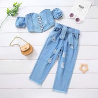 Fashion Solid Color Ripped Cotton Girls Clothing Sets sku image 1