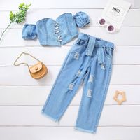 Fashion Solid Color Ripped Cotton Girls Clothing Sets main image 1