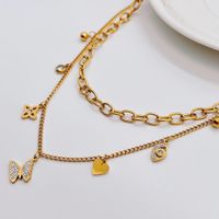 Fashion Heart Shape Butterfly Titanium Steel Plating Hollow Out Inlay Rhinestones Layered Necklaces 1 Piece main image 4
